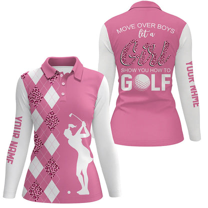 Pink leopard argyle pattern Women Golf Polo Shirt Custom Move over boy let a girl show you how to golf NQS7737