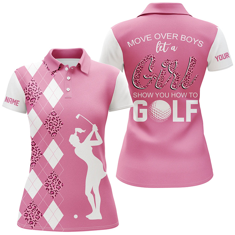 Pink leopard argyle pattern Women Golf Polo Shirt Custom Move over boy let a girl show you how to golf NQS7737