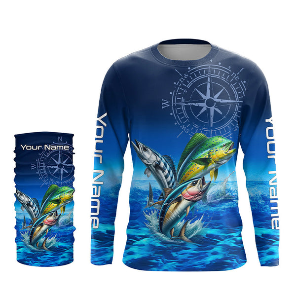 Personalized Mahi Mahi, Wahoo, Tuna Blue Performance Fishing Shirt, compass offshore tournament Shirts NQS5866