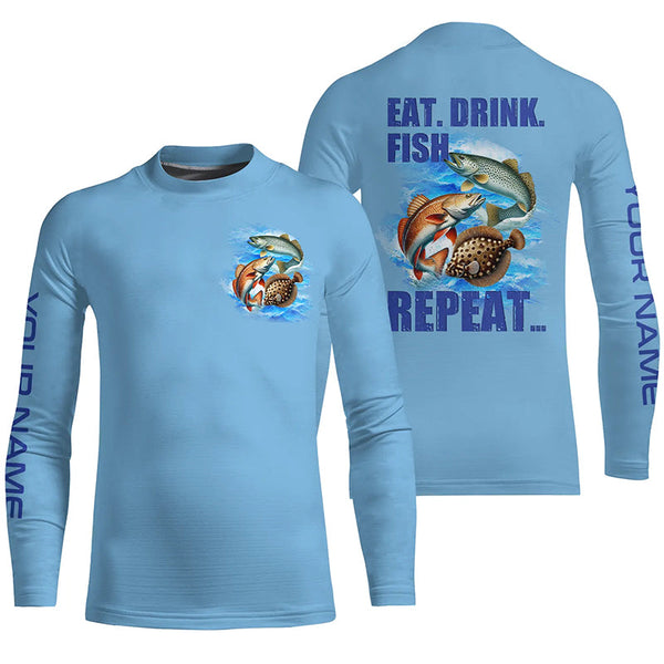 Texas inshore slam Fishing Custom Long Sleeve Performance Fishing shirts Eat Drink Fish Repeat | Blue NQS6292