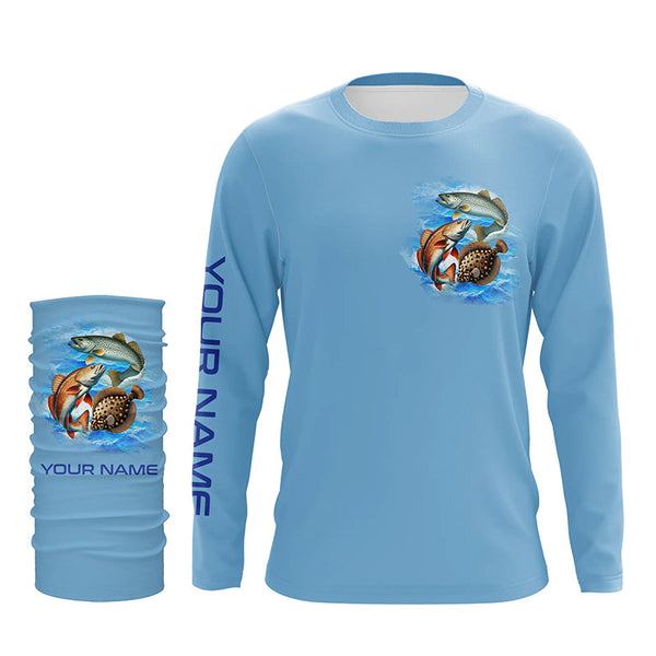 Texas inshore slam Fishing Custom Long Sleeve Performance Fishing shirts Eat Drink Fish Repeat | Blue NQS6292