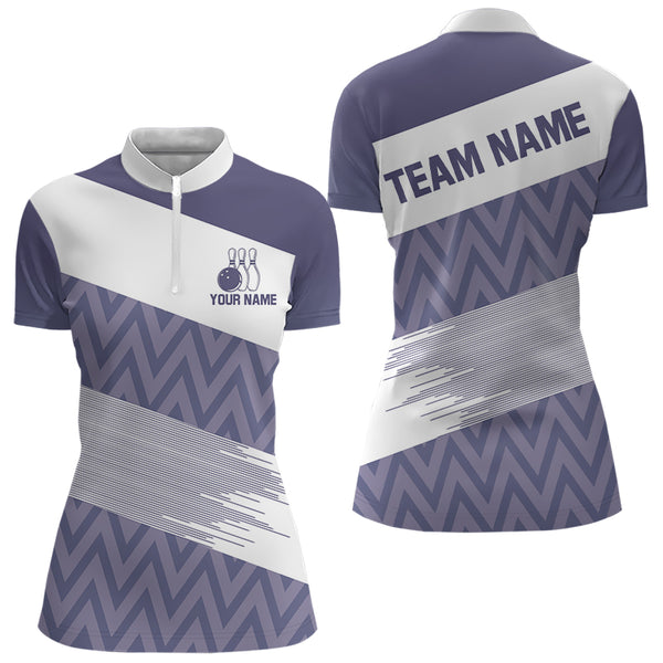 Purple and White Camo Bowling Polo, Quarter Zip Shirt For Women Custom Bowling Team Jersey Outfit NQS9113