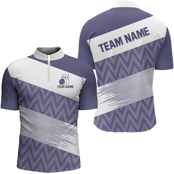 Purple and White Camo Bowling Polo, Quarter Zip Shirt For Men Custom Bowling Team Jersey Bowler Outfit NQS9113