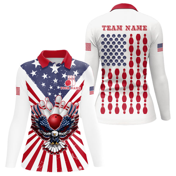 Red, White and Blue American Flag Eagle Bowling Shirts For Women Custom Patriotic Bowling Team Jersey NQS9117