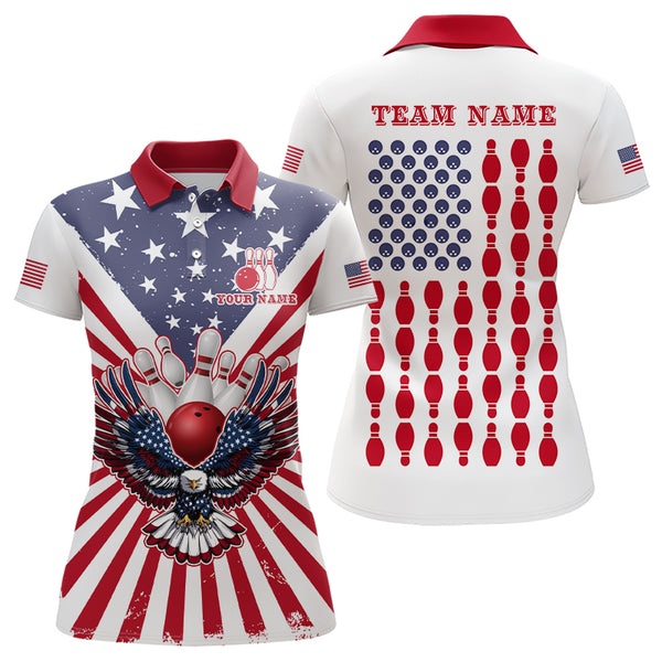 Red, White and Blue American Flag Eagle Bowling Shirts For Women Custom Patriotic Bowling Team Jersey NQS9117