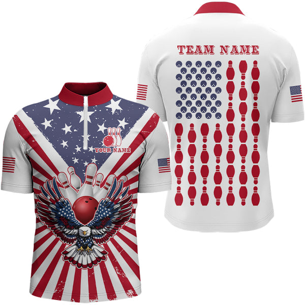 Red, White and Blue American Flag Eagle Bowling Shirts For Men Custom Patriotic Bowling Team Jersey NQS9117