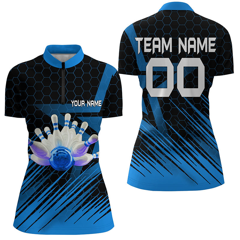 Blue Bowling Shirt For women Custom Name Quarter Zip Bowling Jersey 3D Bowling Team Shirt For women NQS5139