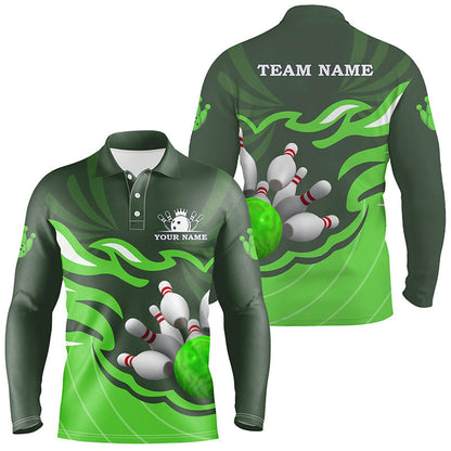 Mens polo bowling shirt Custom bowling ball pins team league jersey, personalized bowling gifts| Green NQS6300
