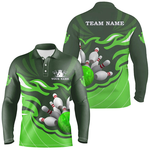 Mens polo bowling shirt Custom bowling ball pins team league jersey, personalized bowling gifts| Green NQS6300