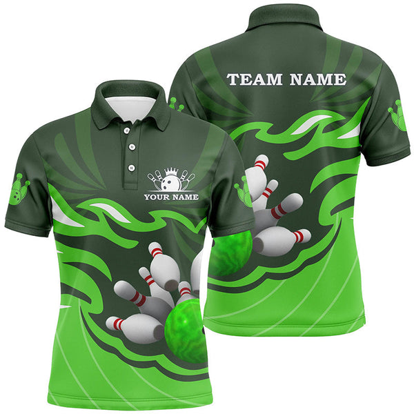 Mens polo bowling shirt Custom bowling ball pins team league jersey, personalized bowling gifts| Green NQS6300