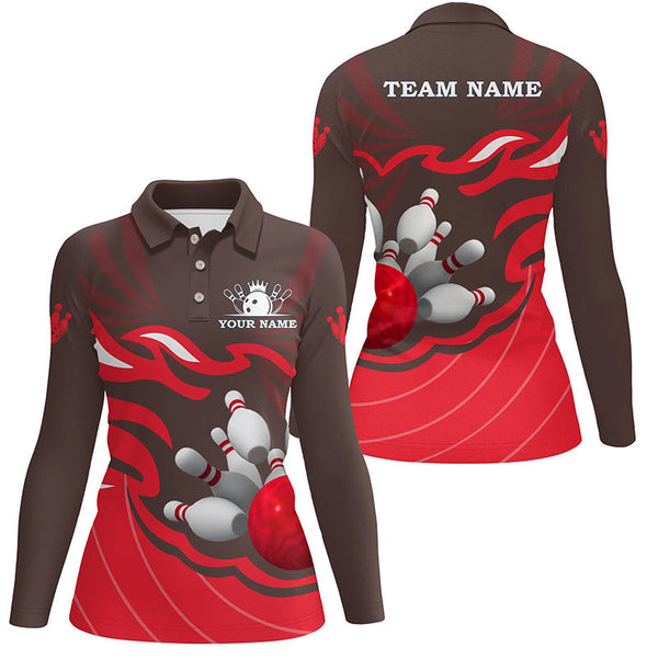 Women bowling polo shirt Custom bowling ball pins team league jersey, personalized bowling gift| Red NQS6301