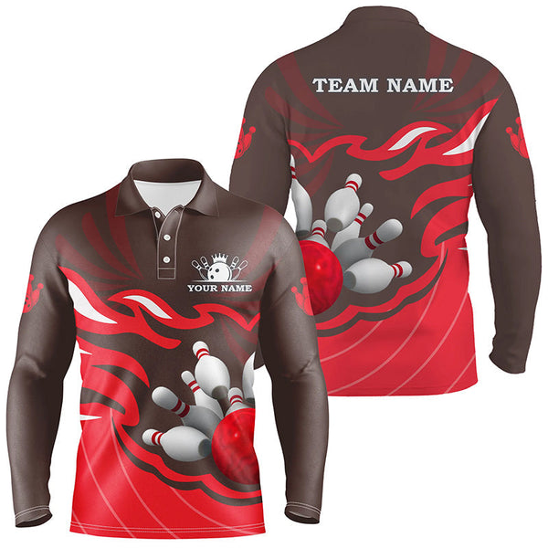 Mens polo bowling shirt Custom bowling ball pins team league jersey, personalized bowling gifts| Red NQS6301