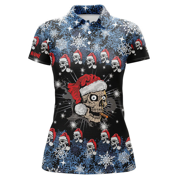 Funny Christmas Skull Santa snowflake pattern custom Womens golf polo shirts, golf attire for ladies NQS6778