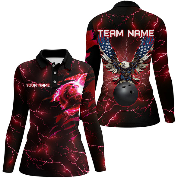 Red lightning thunder bowling American flag Eagle custom Women Bowling Polo Shirts, Quarter Zip Shirts NQS8861