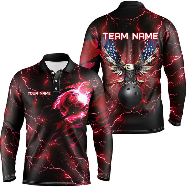 Red lightning thunder bowling American flag Eagle custom Mens Bowling Polo Shirts, Quarter Zip Shirts NQS8861