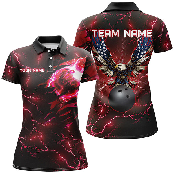 Red lightning thunder bowling American flag Eagle custom Women Bowling Polo Shirts, Quarter Zip Shirts NQS8861