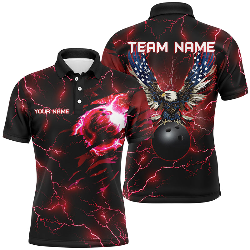 Red lightning thunder bowling American flag Eagle custom Mens Bowling Polo Shirts, Quarter Zip Shirts NQS8861