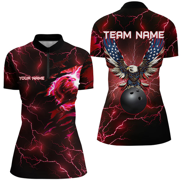 Red lightning thunder bowling American flag Eagle custom Women Bowling Polo Shirts, Quarter Zip Shirts NQS8861