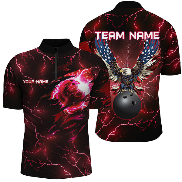 Red lightning thunder bowling American flag Eagle custom Mens Bowling Polo Shirts, Quarter Zip Shirts NQS8861