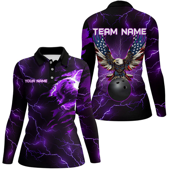 Purple lightning thunder bowling American flag Eagle custom Women Bowling Polo, Quarter Zip Shirts NQS8862