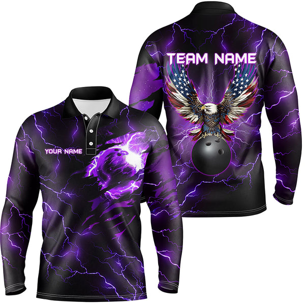 Purple lightning thunder bowling American flag Eagle custom Mens Bowling Polo, Quarter Zip Shirts NQS8862