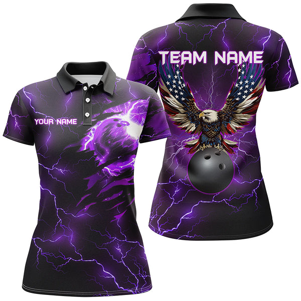 Purple lightning thunder bowling American flag Eagle custom Women Bowling Polo, Quarter Zip Shirts NQS8862