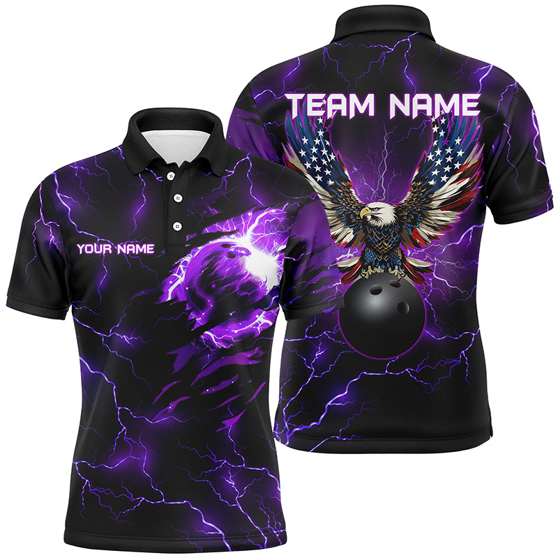 Purple lightning thunder bowling American flag Eagle custom Mens Bowling Polo, Quarter Zip Shirts NQS8862