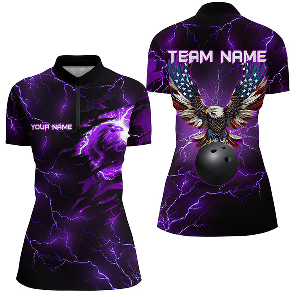 Purple lightning thunder bowling American flag Eagle custom Women Bowling Polo, Quarter Zip Shirts NQS8862