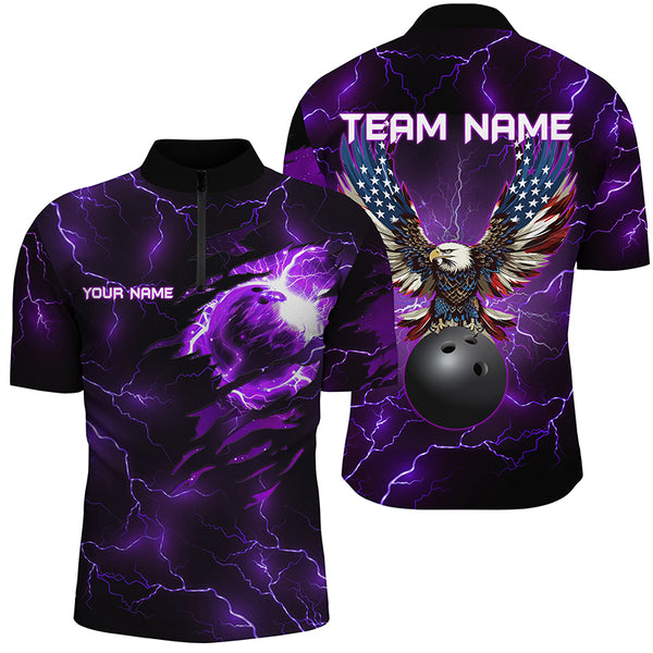 Purple lightning thunder bowling American flag Eagle custom Mens Bowling Polo, Quarter Zip Shirts NQS8862