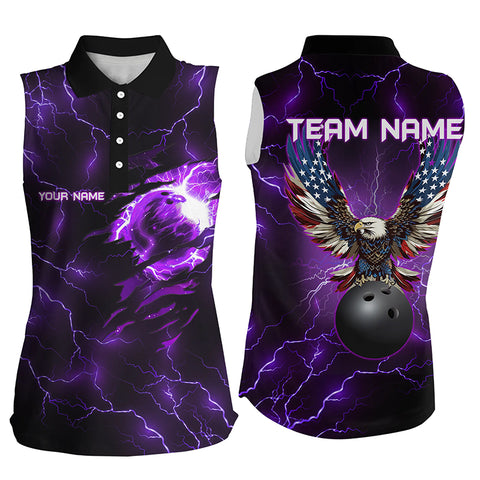 Purple lightning thunder bowling American flag Eagle custom Women Bowling Sleeveless Polo Shirts NQS8862