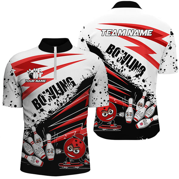 Funny black and white Bowling Polo, Quarter Zip Shirt for Men Custom Team Bowling jerseys | Red NQS8863