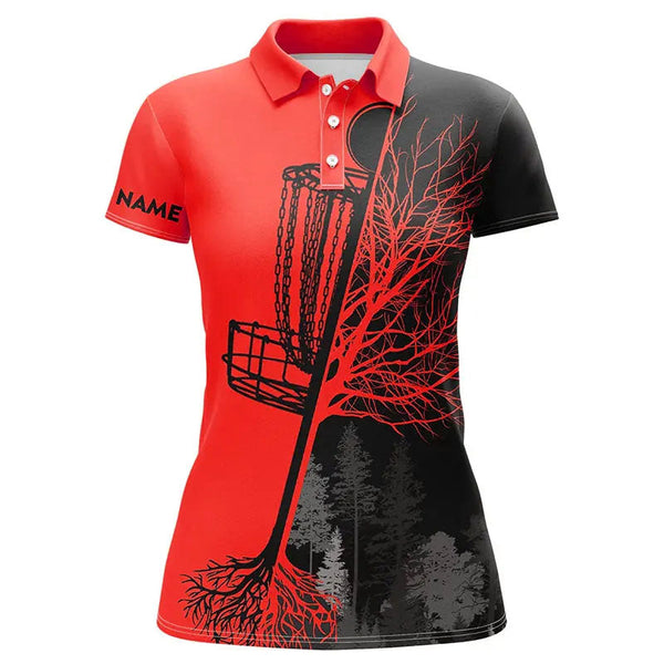 Womens disc golf polo shirts custom black and red disc golf basket, disc golf shirts NQS6985