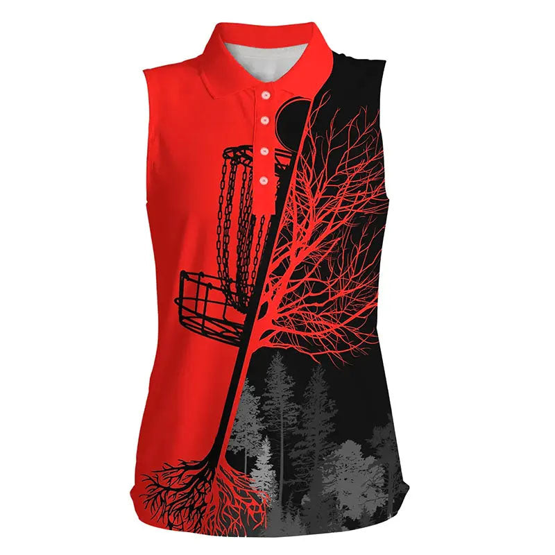 Womens sleeveless disc golf polo shirts black and red disc golf basket, disc golf shirts NQS6985
