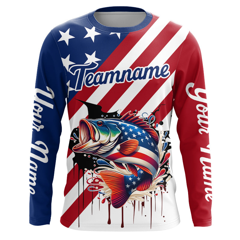 Red, White and Blue American Flag Largemouth Bass Fishing Custom patriotic Bass fishing team jerseys NQS9121