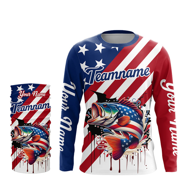 Red, White and Blue American Flag Largemouth Bass Fishing Custom patriotic Bass fishing team jerseys NQS9121