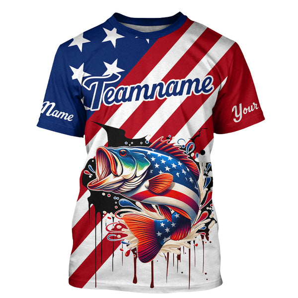 Red, White and Blue American Flag Largemouth Bass Fishing Custom patriotic Bass fishing team jerseys NQS9121