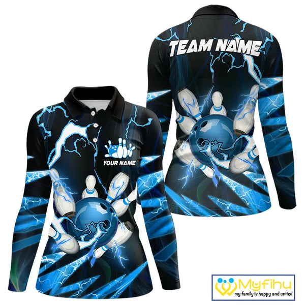 Blue Thunder Lightning bowling ball and pins jersey Custom Team Bowling Polo, 1/4 Zip Shirts For Women NQS9831