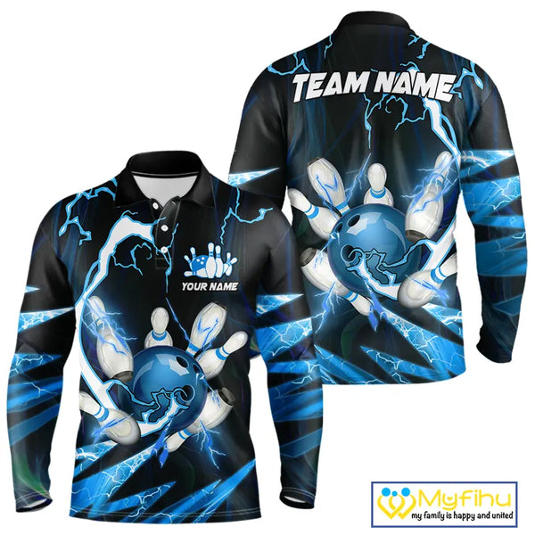Blue Thunder Lightning bowling ball and pins jerseys Custom Team Bowling Polo, 1/4 Zip Shirts For Men NQS9831