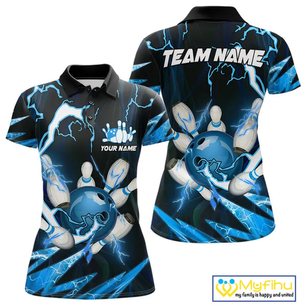 Blue Thunder Lightning bowling ball and pins jersey Custom Team Bowling Polo, 1/4 Zip Shirts For Women NQS9831