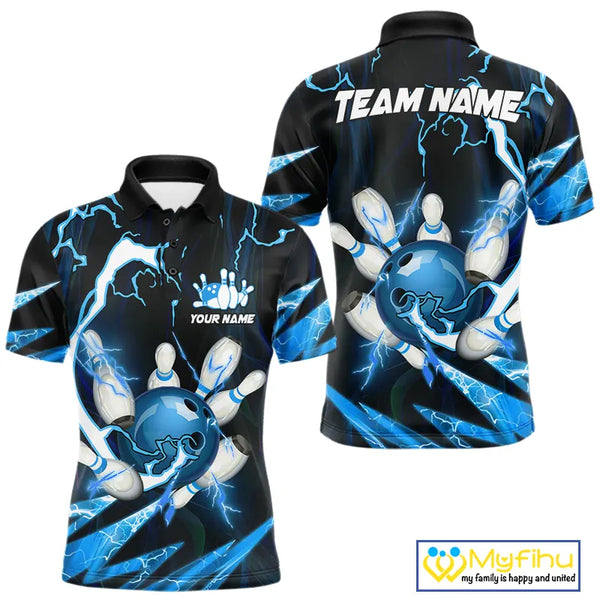 Blue Thunder Lightning bowling ball and pins jerseys Custom Team Bowling Polo, 1/4 Zip Shirts For Men NQS9831