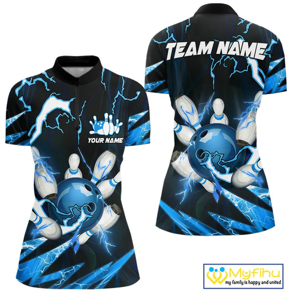 Blue Thunder Lightning bowling ball and pins jersey Custom Team Bowling Polo, 1/4 Zip Shirts For Women NQS9831