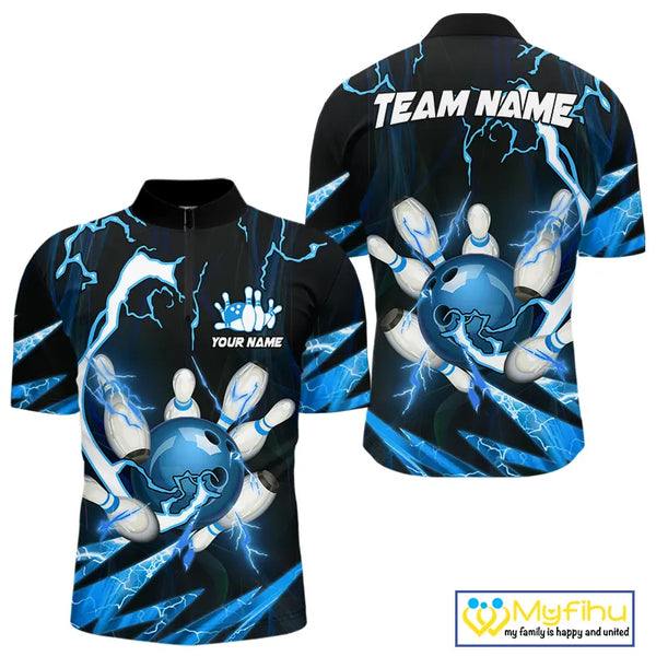 Blue Thunder Lightning bowling ball and pins jerseys Custom Team Bowling Polo, 1/4 Zip Shirts For Men NQS9831