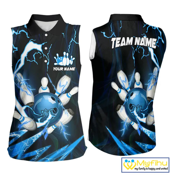 Blue Thunder Lightning bowling ball and pins jersey Custom Team Bowling Sleeveless Polo Shirt NQS9831