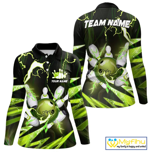 Green Thunder Lightning bowling ball and pins jersey Custom Team Bowling Polo, 1/4 Zip Shirt For Women NQS9832