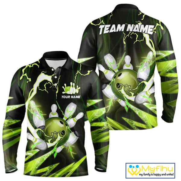 Green Thunder Lightning bowling ball and pins jerseys Custom Team Bowling Polo, 1/4 Zip Shirts For Men NQS9832