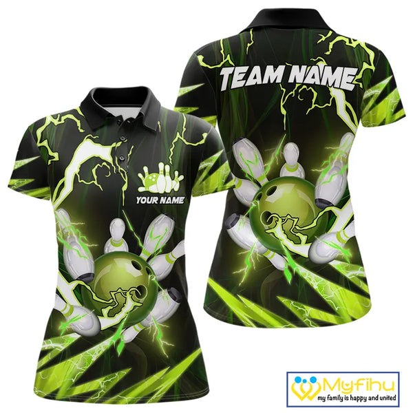 Green Thunder Lightning bowling ball and pins jersey Custom Team Bowling Polo, 1/4 Zip Shirt For Women NQS9832