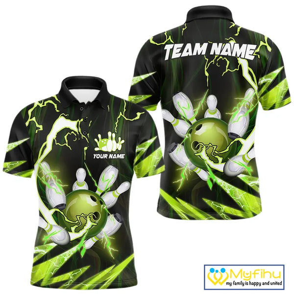 Green Thunder Lightning bowling ball and pins jerseys Custom Team Bowling Polo, 1/4 Zip Shirts For Men NQS9832
