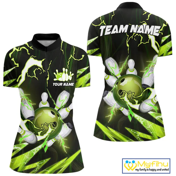 Green Thunder Lightning bowling ball and pins jersey Custom Team Bowling Polo, 1/4 Zip Shirt For Women NQS9832