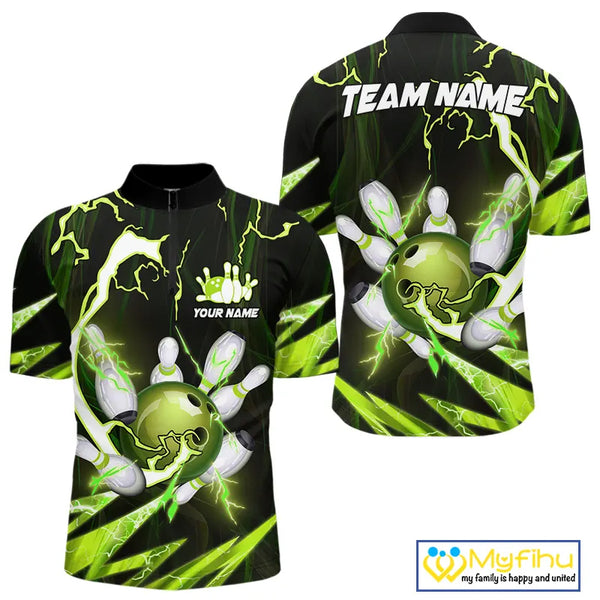 Green Thunder Lightning bowling ball and pins jerseys Custom Team Bowling Polo, 1/4 Zip Shirts For Men NQS9832