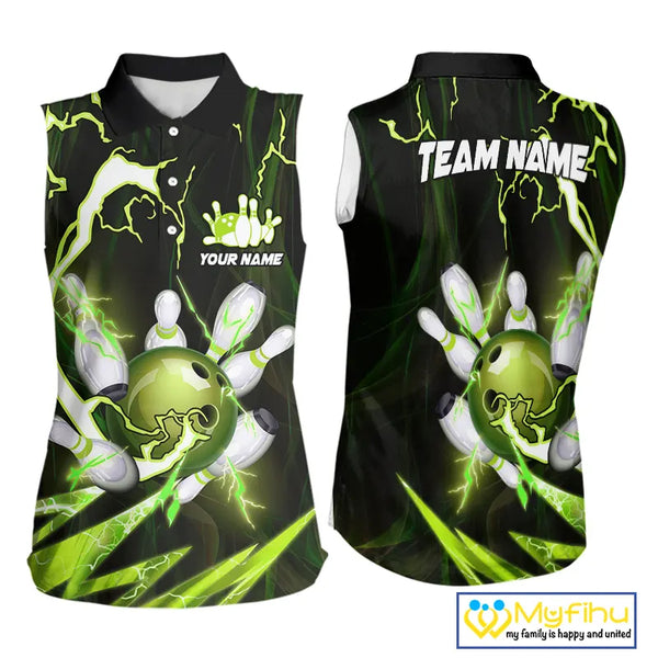 Green Thunder Lightning bowling ball and pins jersey Custom Team Bowling Sleeveless Polo Shirt NQS9832
